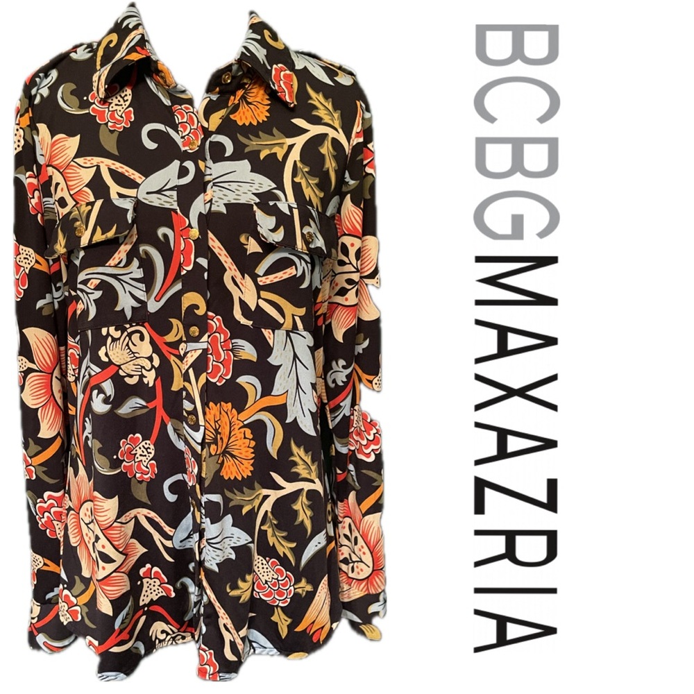 BCBGMAXAZRIA Navy Blue Red Gold Floral Flower Print Button Snap Fitted Shirt - L